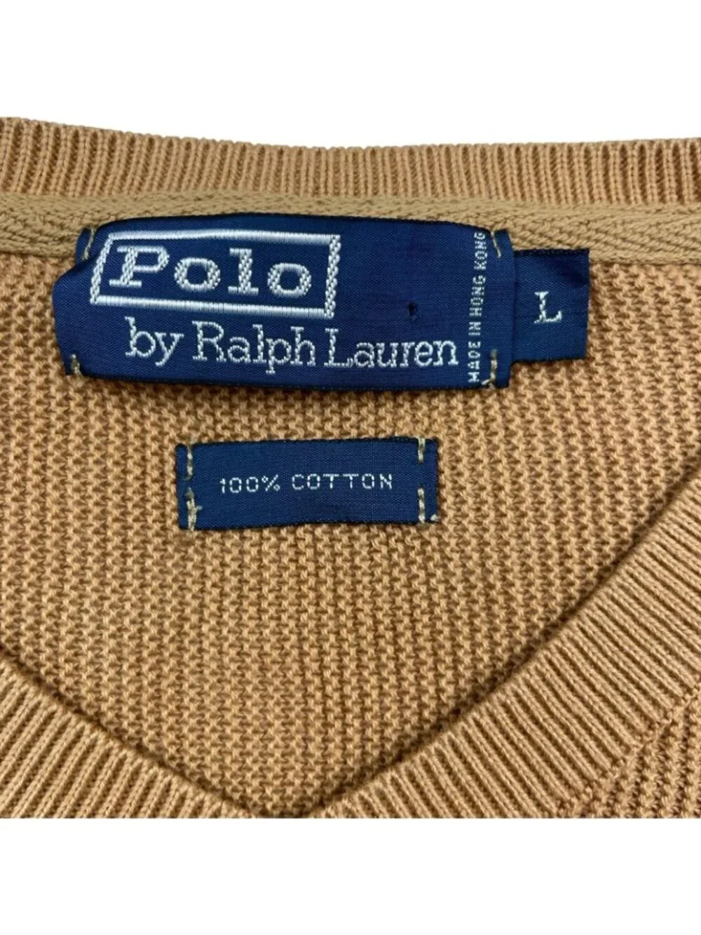 VTG Polo Ralph Lauren Men's 100% Cotton Knit V-Neck Pullover Sweater Tan • Large